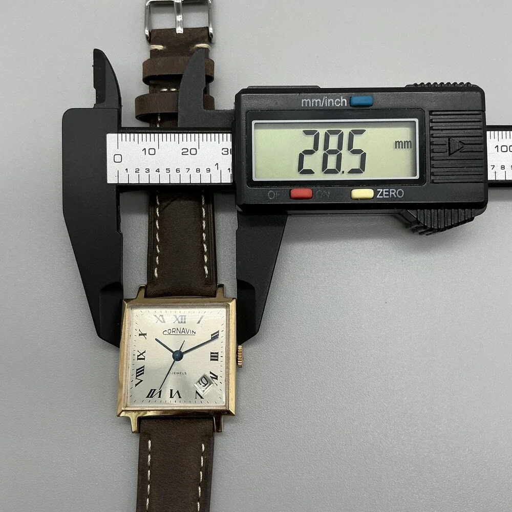 Vintage Cornavin Mens Watch 29mm Square Brown Leather Manual Wind Date